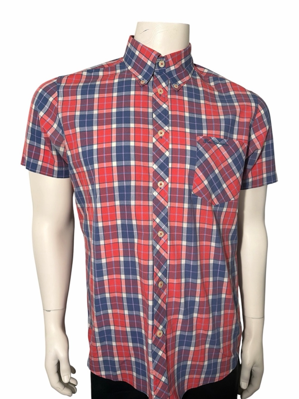 Ben Sherman Salmon and Blue Plaid Short Sleeve Button-Down Shirt